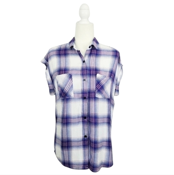 Rails Tops - Rails Britt white blue red plaid short sleeve button front top women's size XS